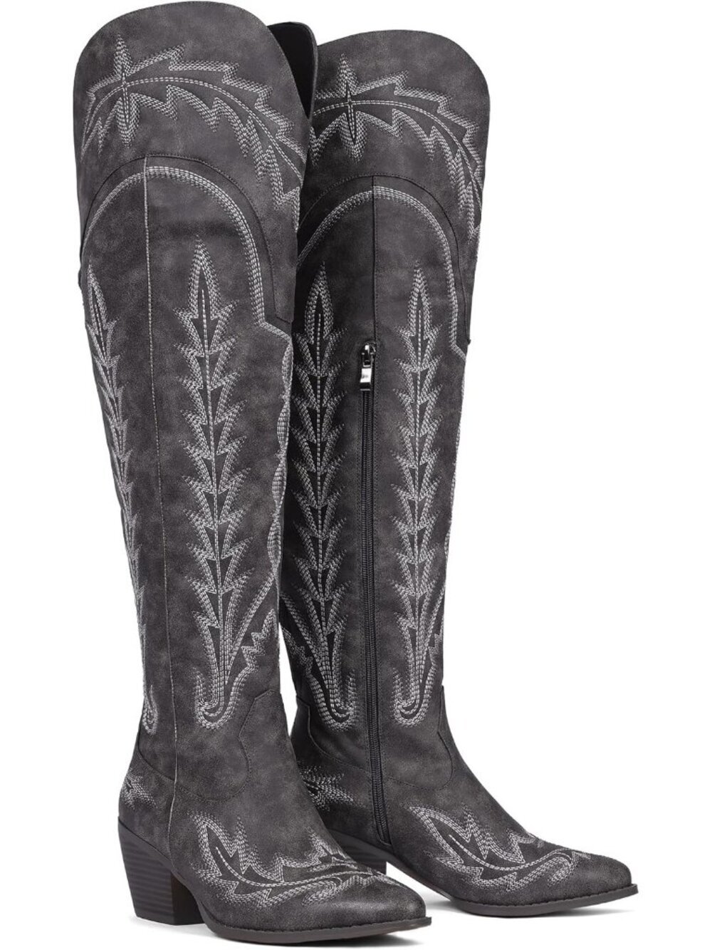 Women's Black High Thigh Embroidered Western Pointed Toe Chunky High Heel Boots